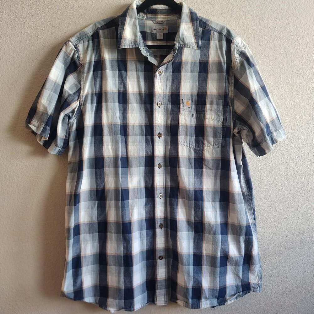 Carhartt Shirt Mens XL Tall Blue Plaid Short Sleeve Button Up Relaxed Fit Cotton
